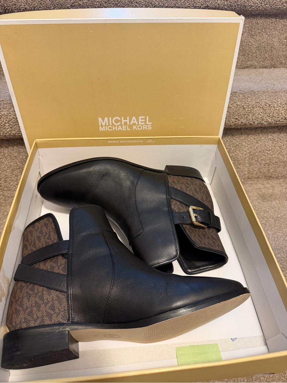 Michael Kors Black Leather Ankle Boots with Brown Signature MK Panels